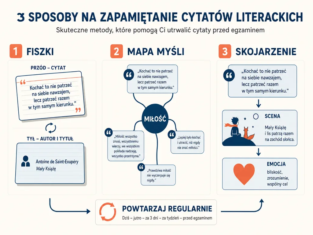 Infografika trzech metod nauki cytatów: fiszki, mapa myśli i skojarzenie ze sceną